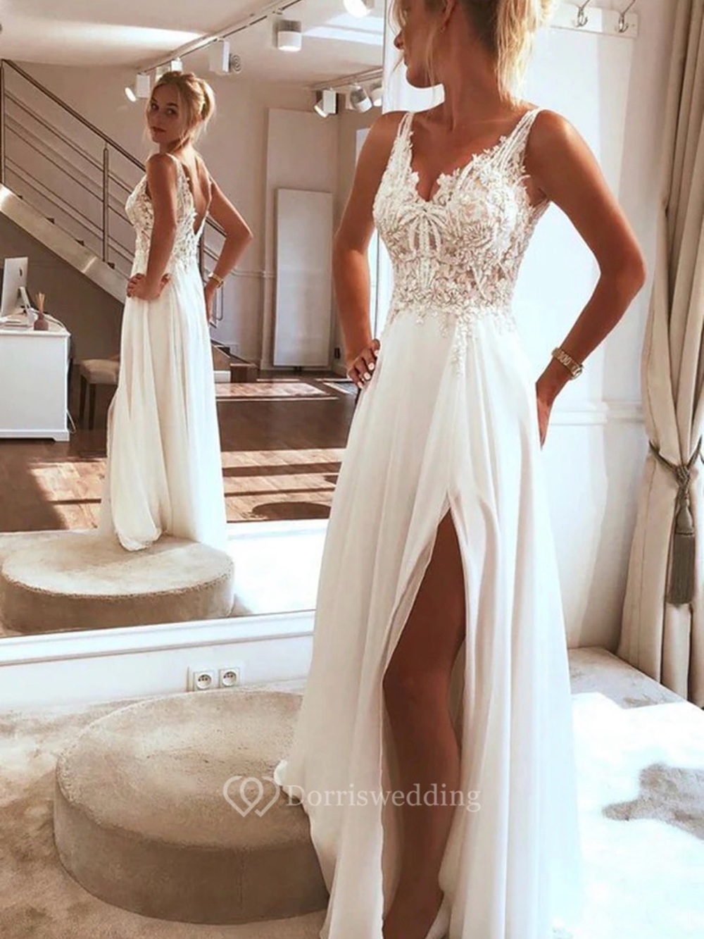 Elegant White Lace Bodice Maxi Dress with Front Slit